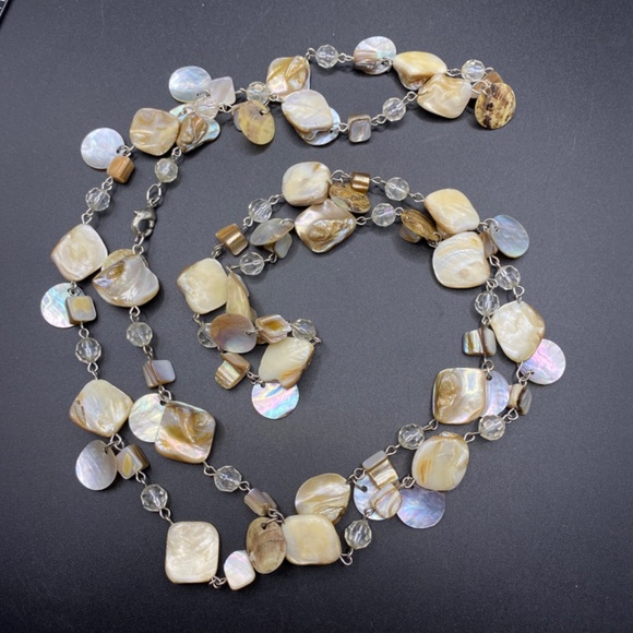 Natural Shells Glass Beads 48" 48" Beachy Bohemian Coastal Long Necklace - Picture 3 of 8